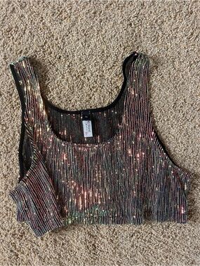 Free People Black Sequin Crop Tank with Multicolor Shine